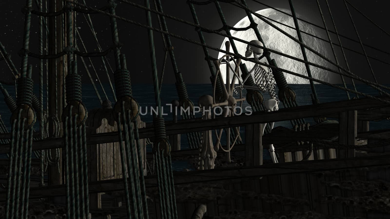 Captain skeleton holding the steering wheel of a ghost boat by night time