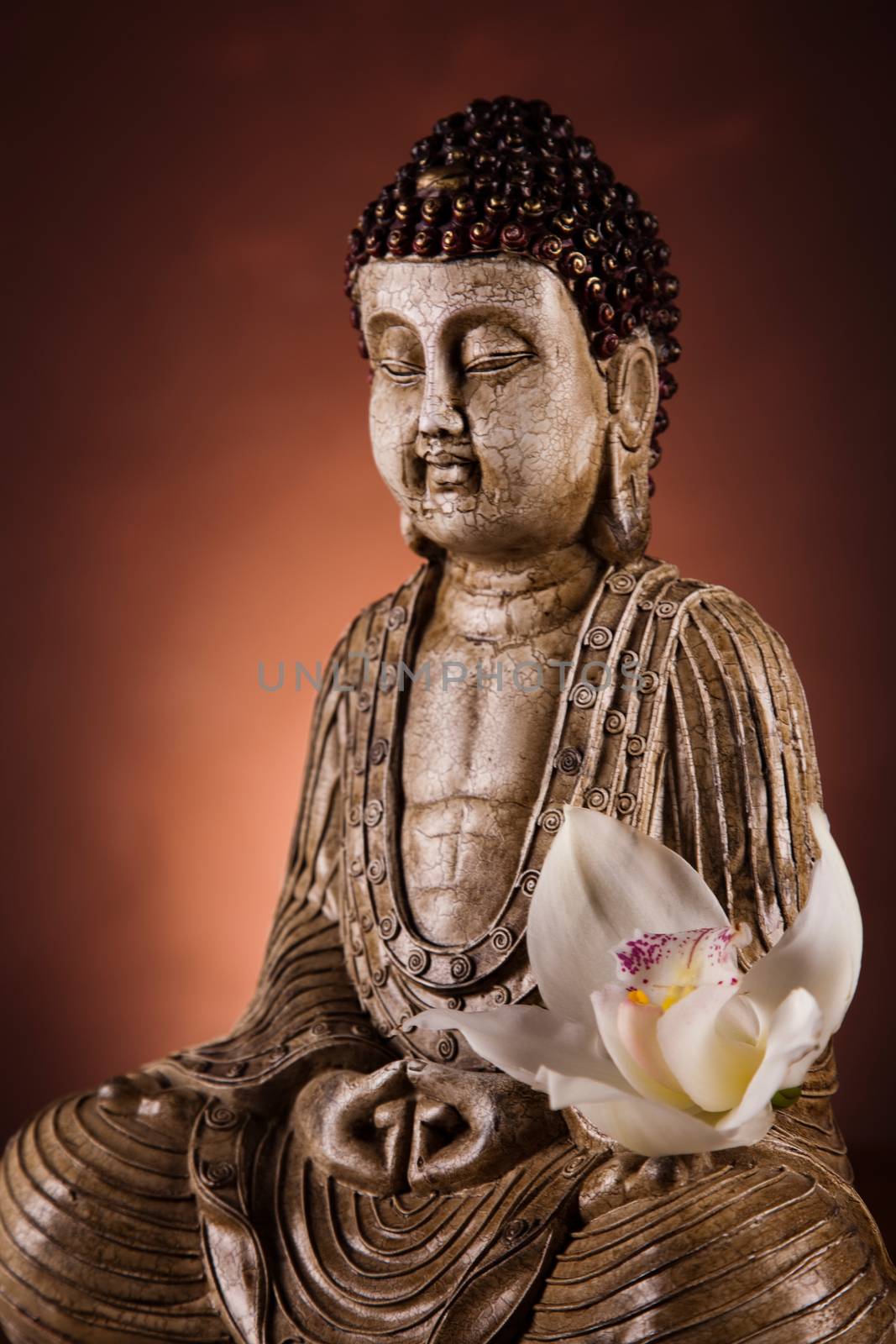 Zen buddha statue, vivid colors, natural tone