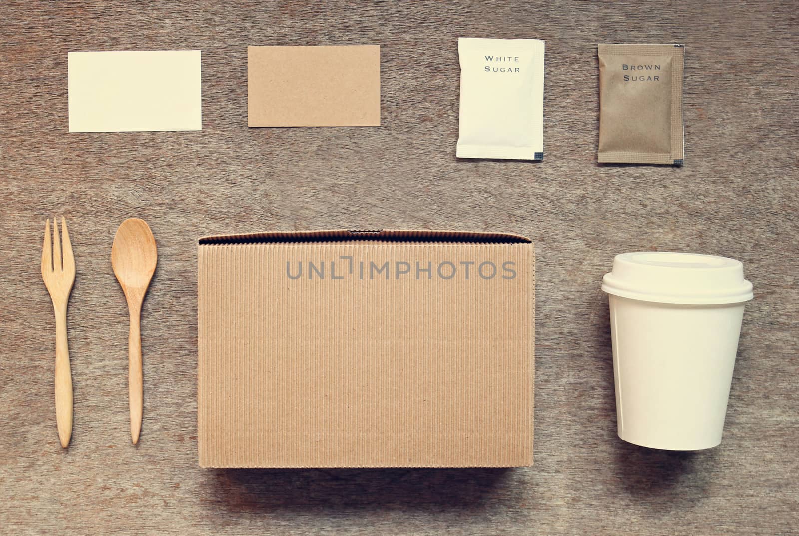 Coffee identity branding mockup set top view with retro filter effect