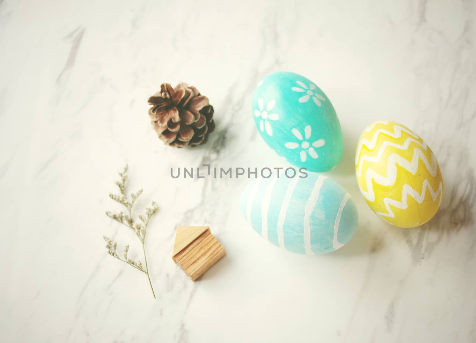 Pastel easter eggs with cute decorated, retro filter effect