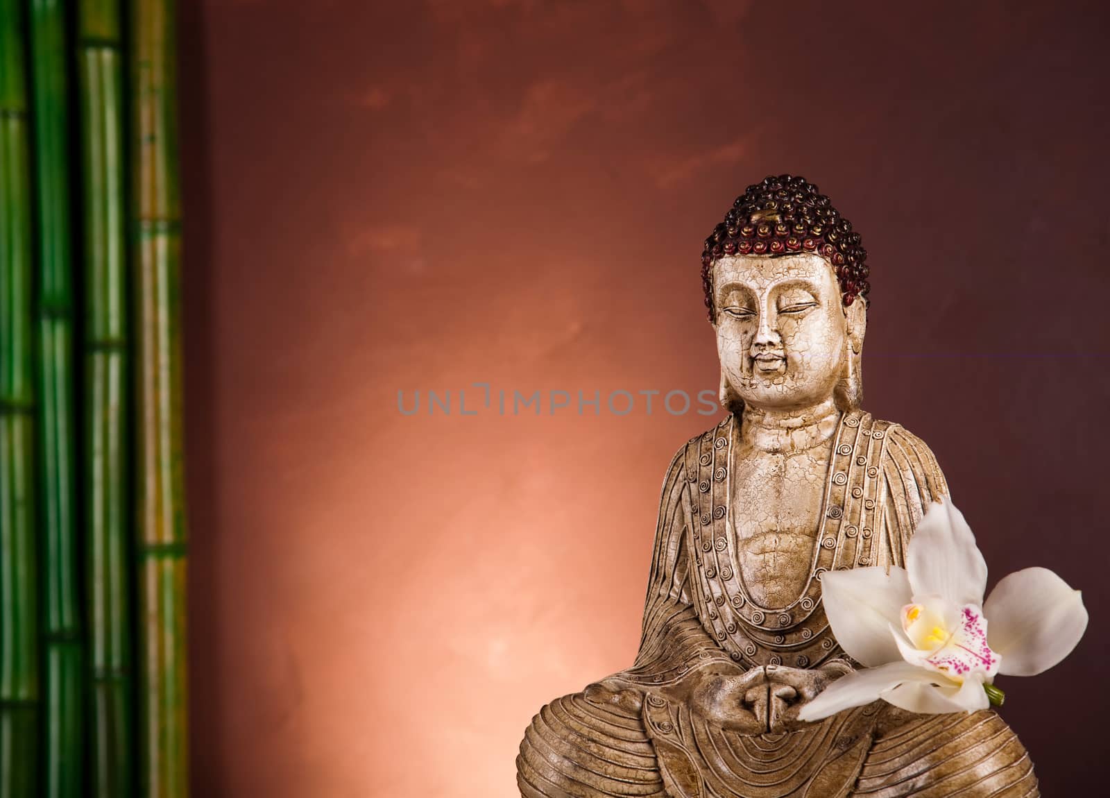 Buddha statue with orchid flower