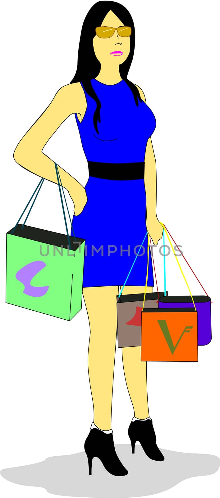 Woman dressed in blue dress and black belt holds shopping bags.