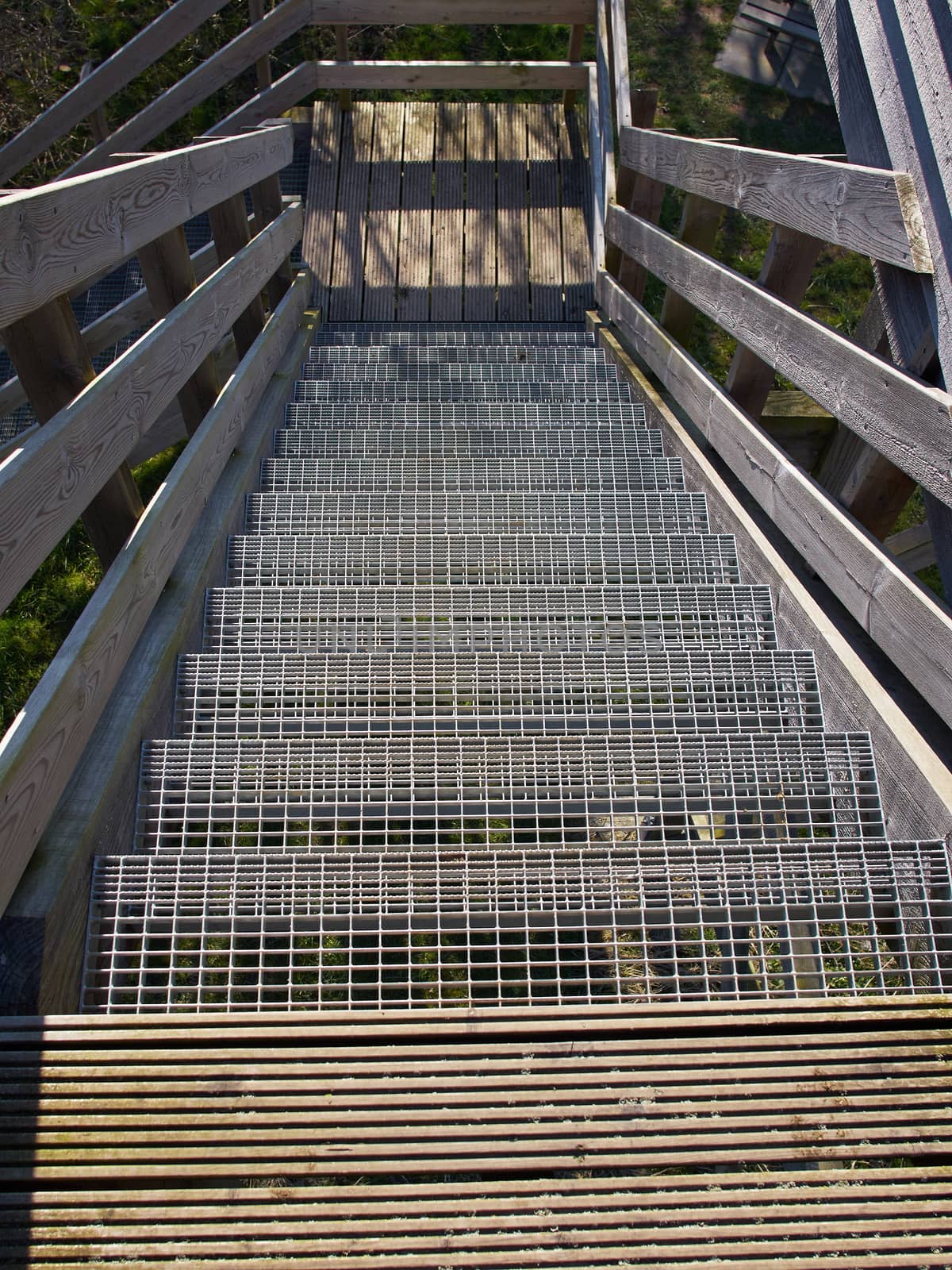 Stairs nature observation tower made of wood and metal     