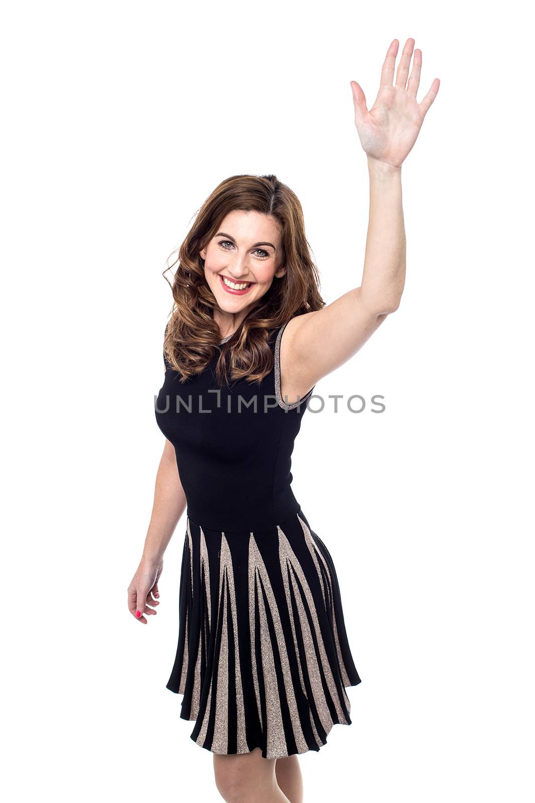 Stylish woman waving her hand over white.