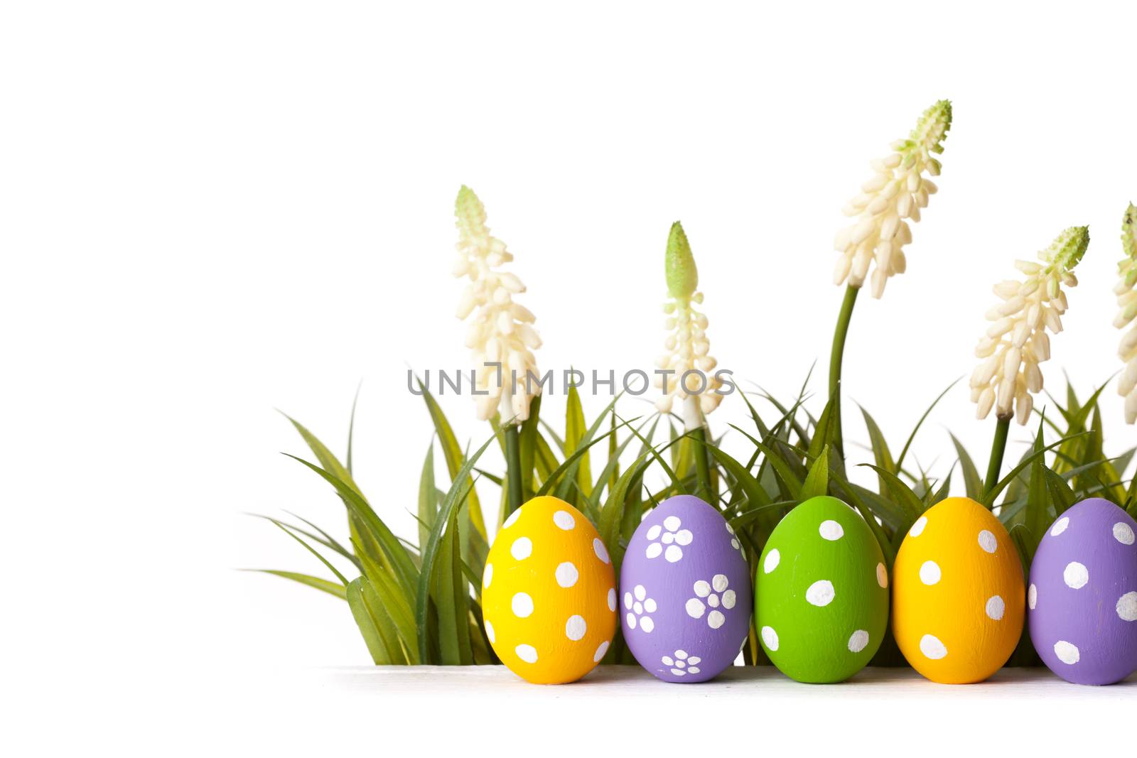 Easter colored eggs on the green grass. studio shot