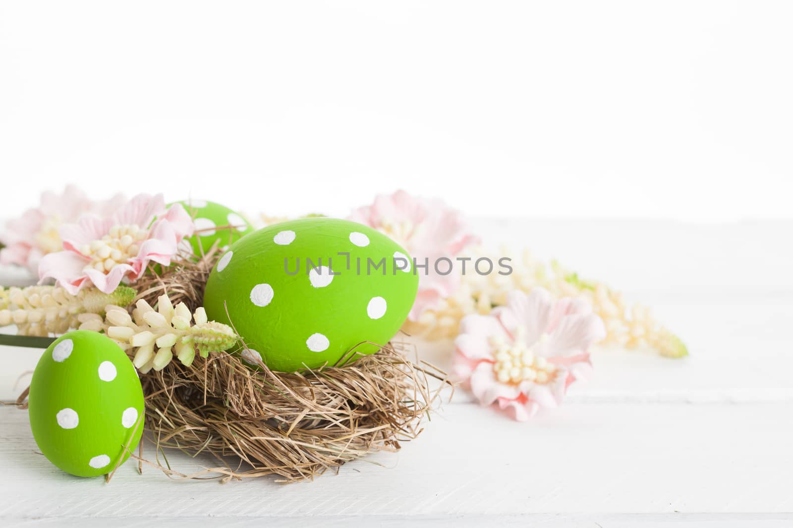 Easter Eggs with Nest on Fresh Green Grass
