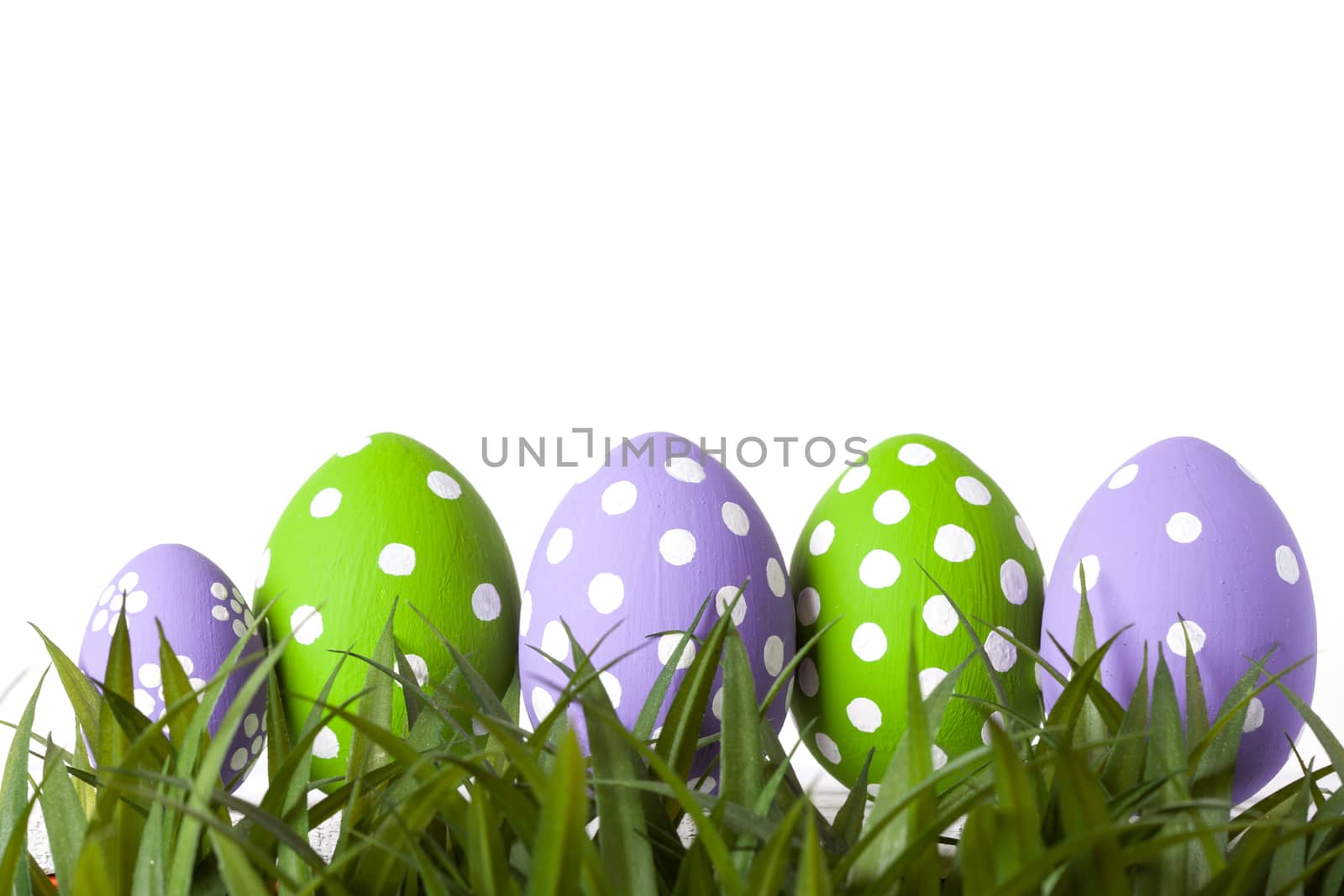 Row of Easter eggs in Fresh Green Grass. studio shot