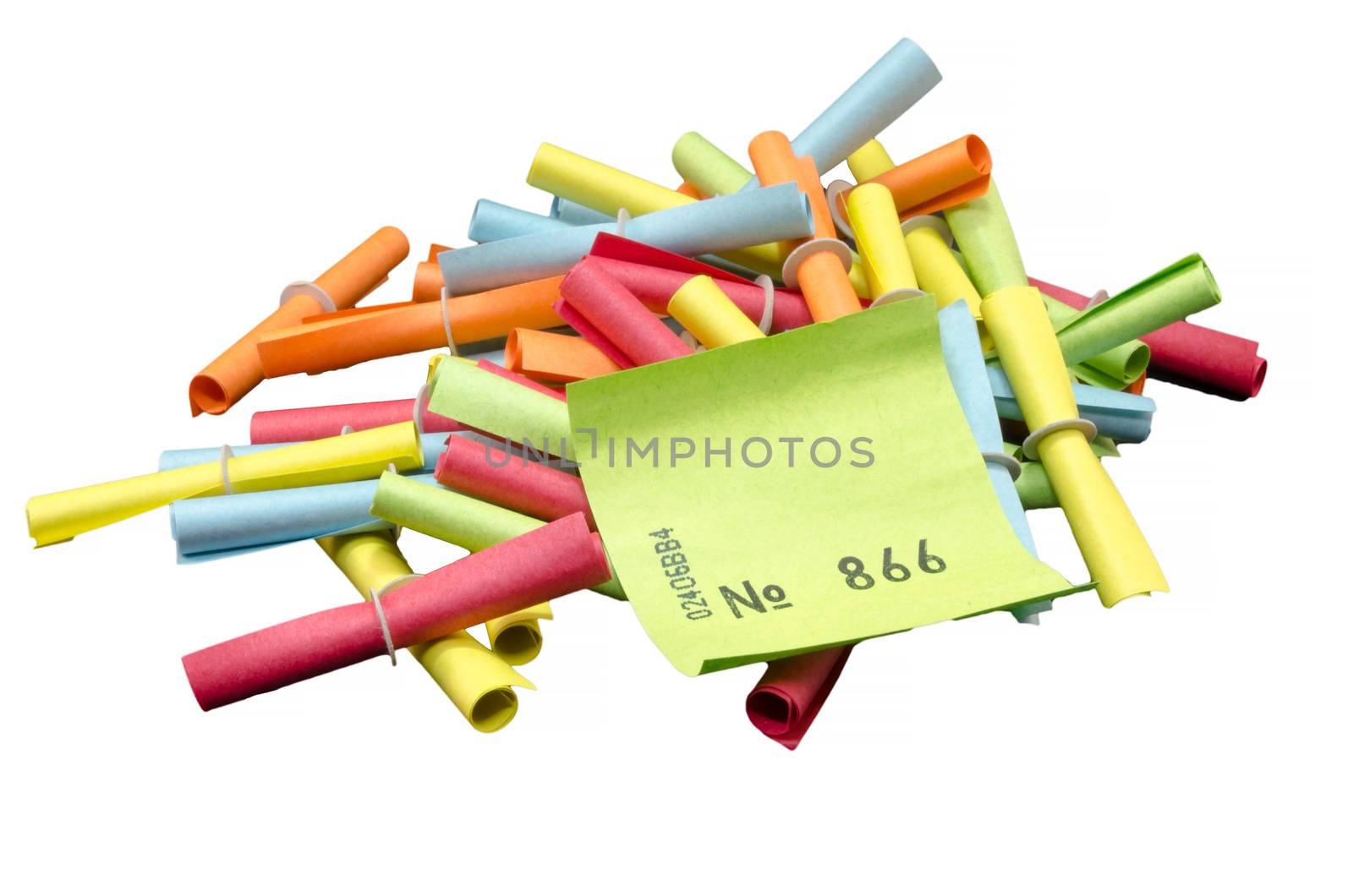 Winning tickets, lottery tickets different colors against white background.