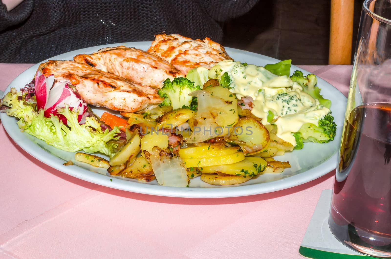 Turkey steak with fried potatoes. Side dishes, vegetables and salad