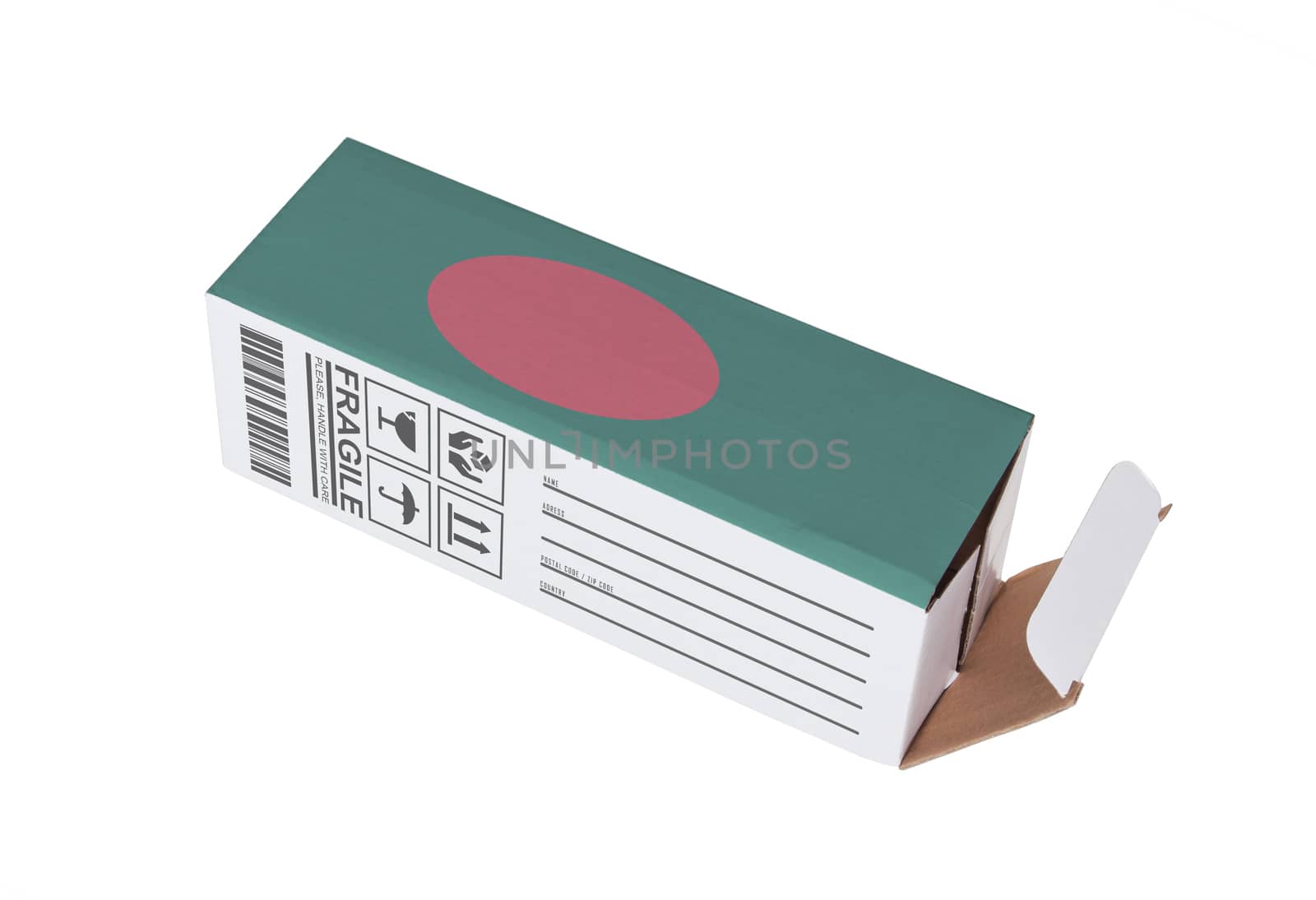 Concept of export, opened paper box - Product of Bangladesh