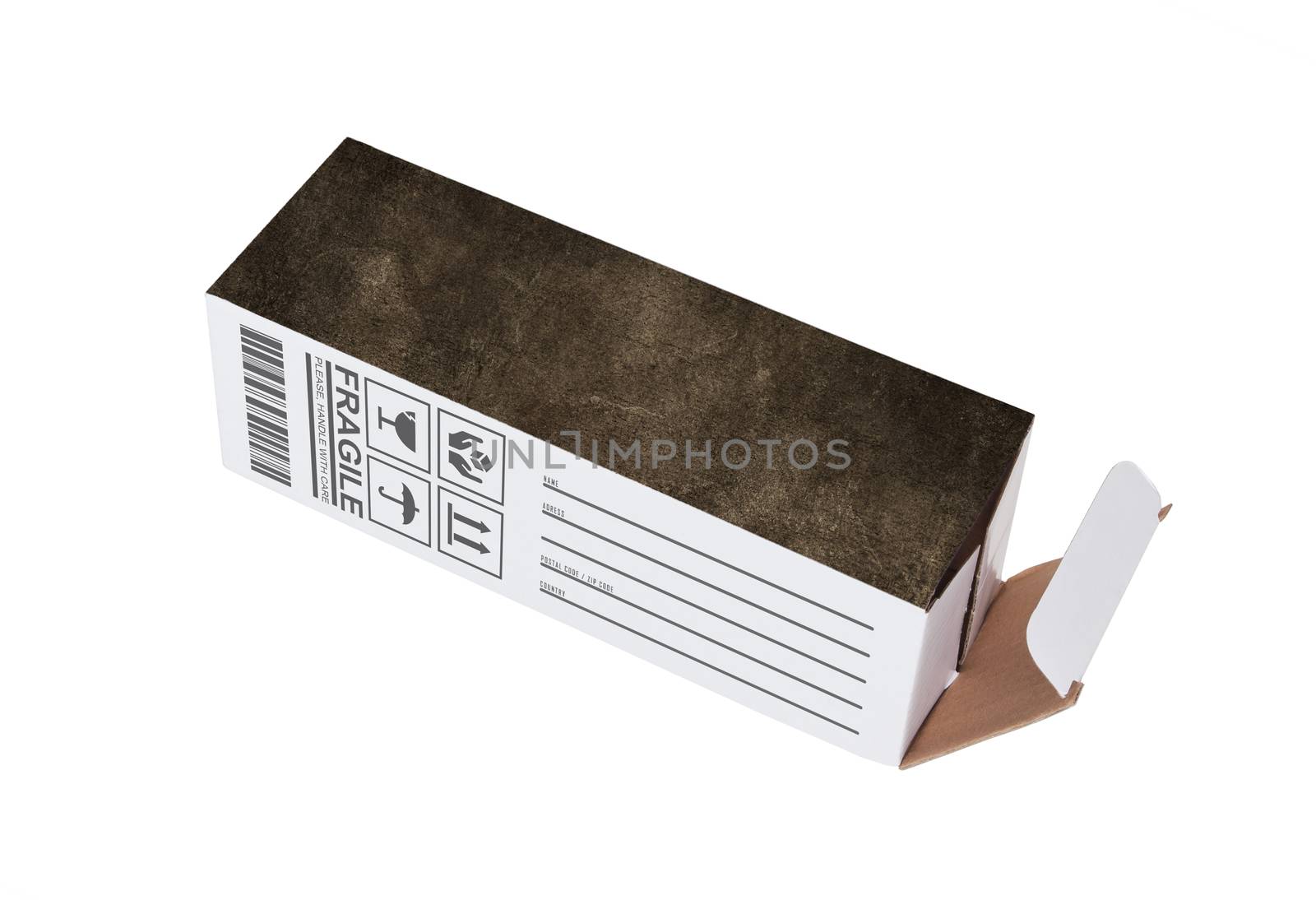 Old dirty cardboard box on a white background