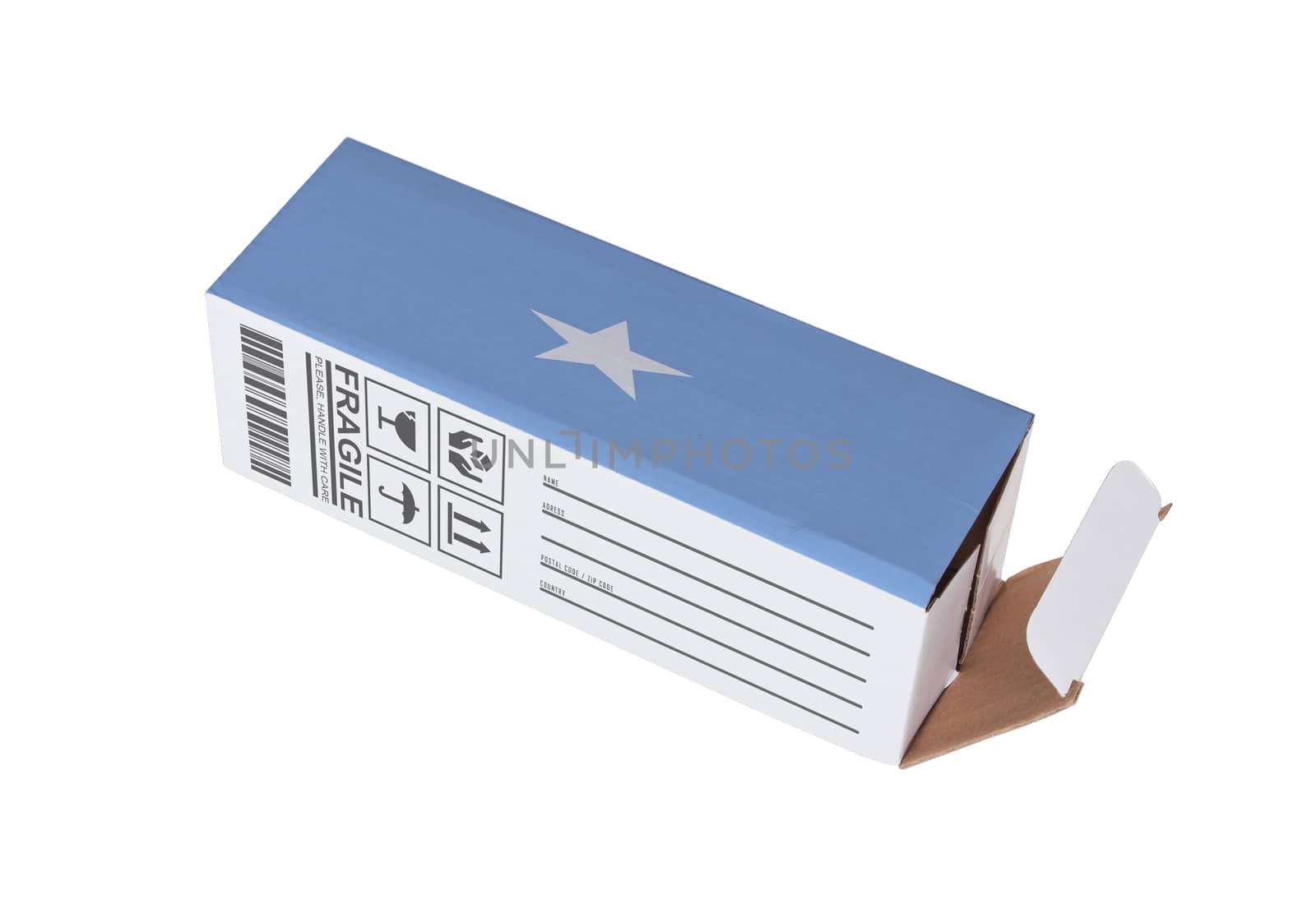 Concept of export, opened paper box - Product of Somalia