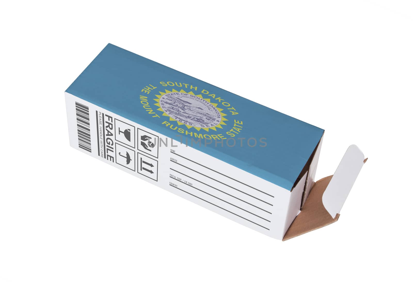 Concept of export, opened paper box - Product of South Dakota