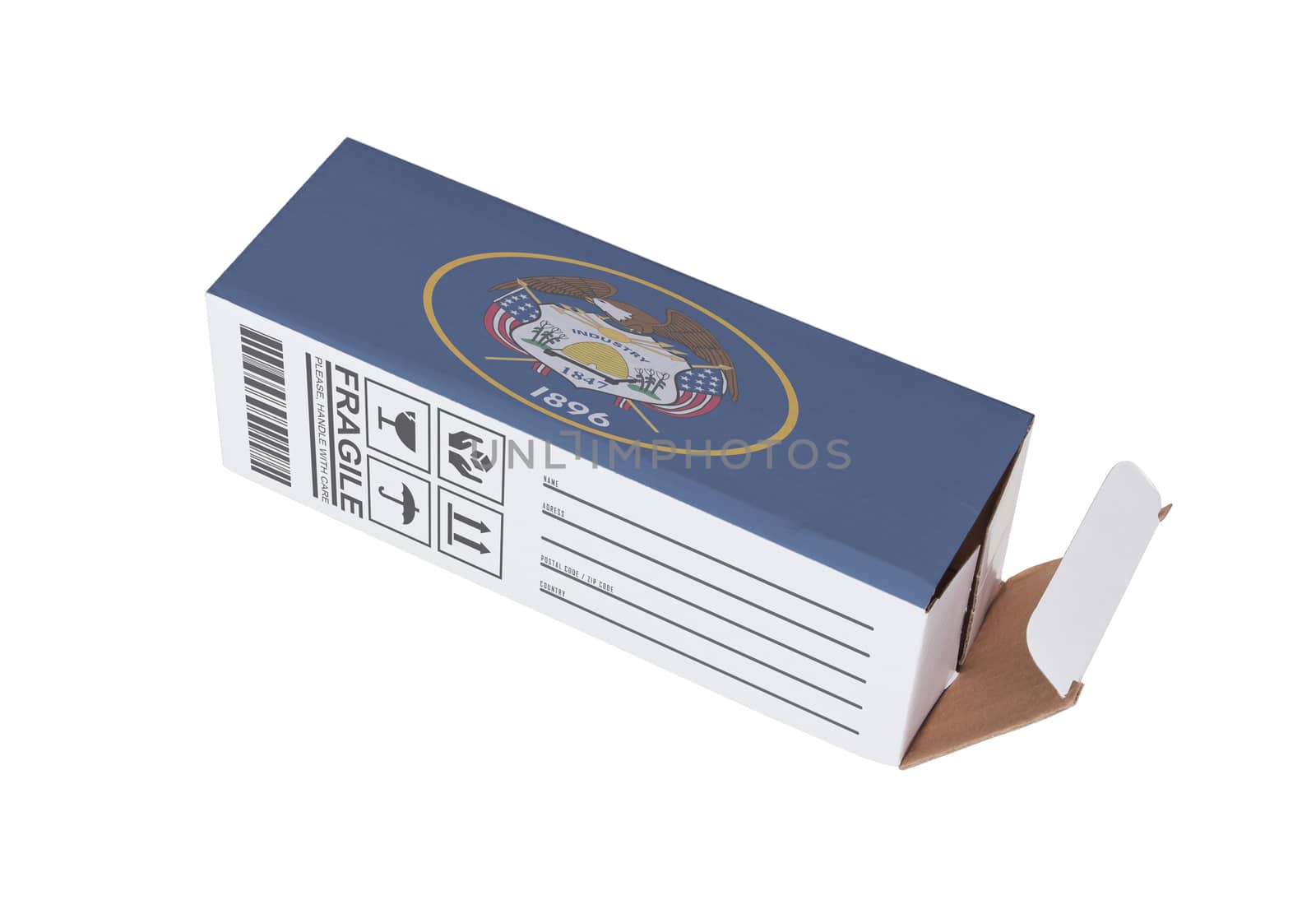 Concept of export, opened paper box - Product of Utah