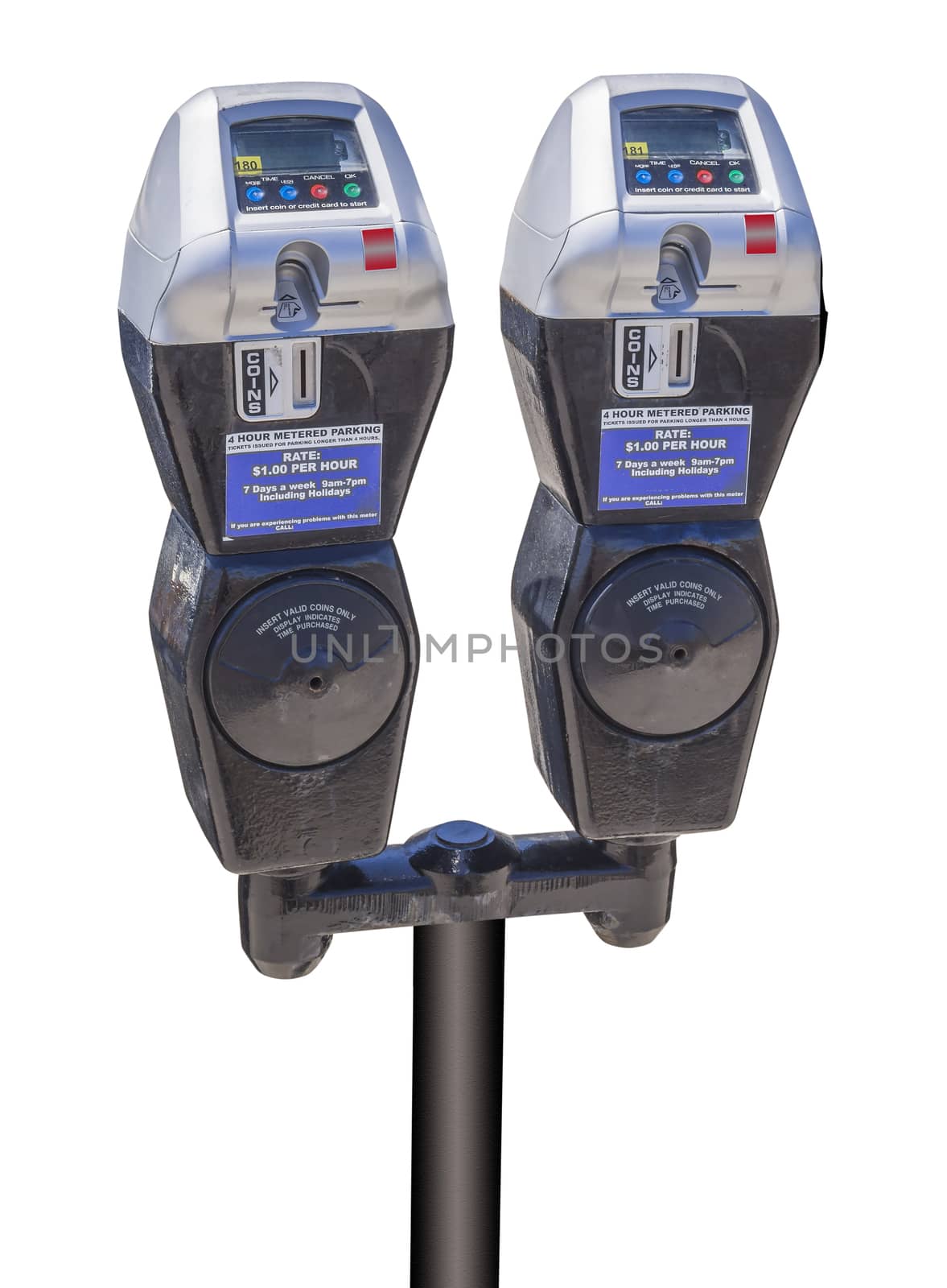 New parking meters that accept credit cards, isolated with clipping path