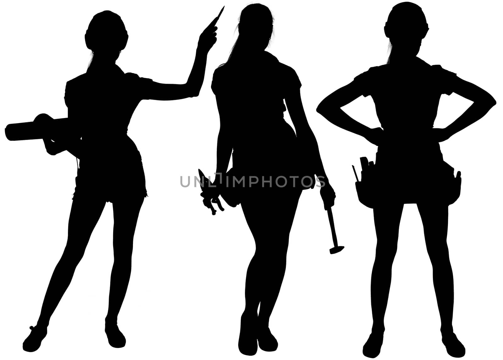 Female silhouettes with tools. Isolated white background