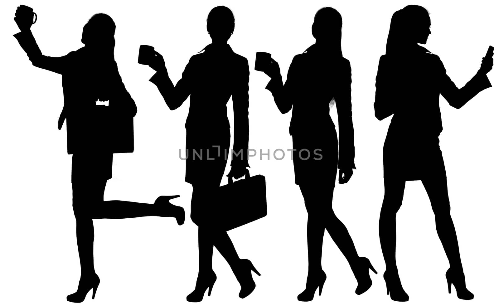 Business woman silhouette with briefcase and mug. Isolated white background