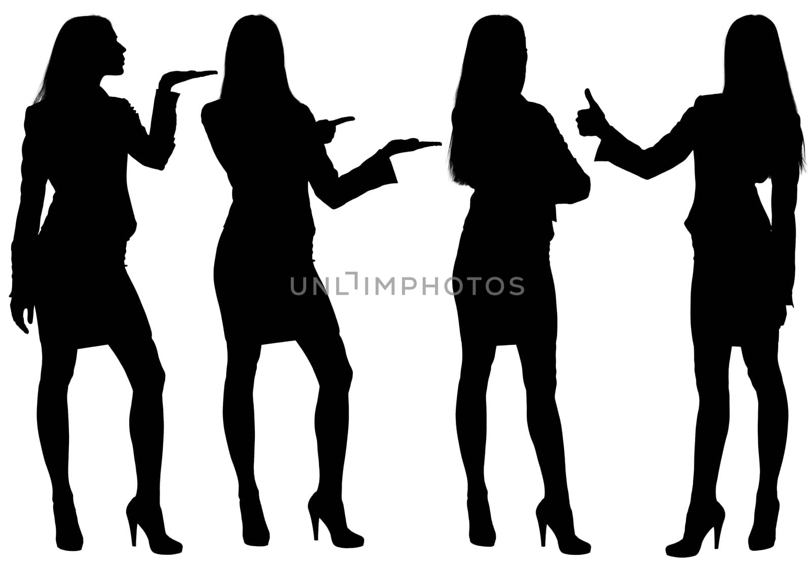 Business woman standing silhouette showing gestures. Isolated white background