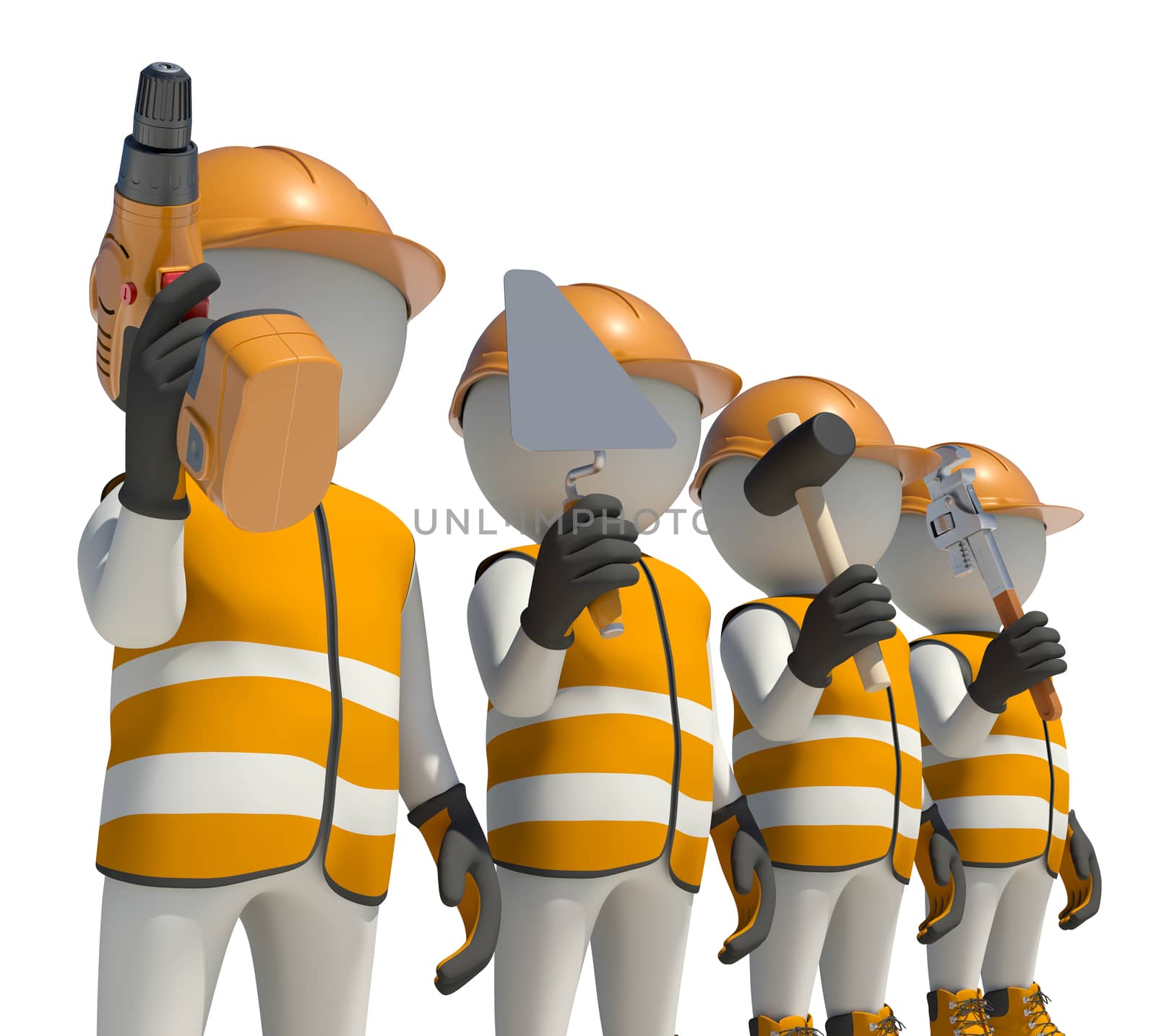Workteam in special clothes and helmet holding tools by cherezoff