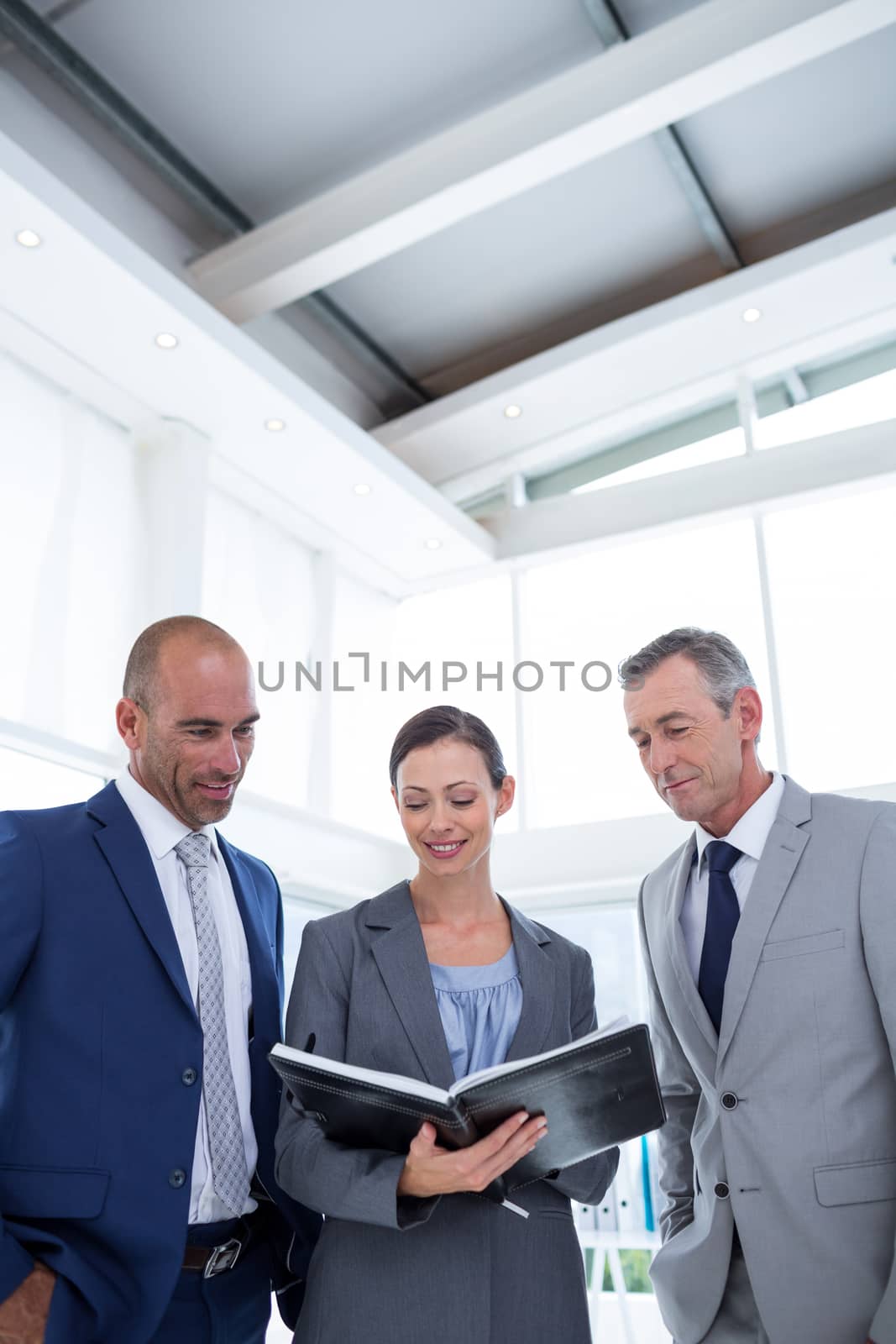 Businesswoman showing her notes to her colleagues in the office