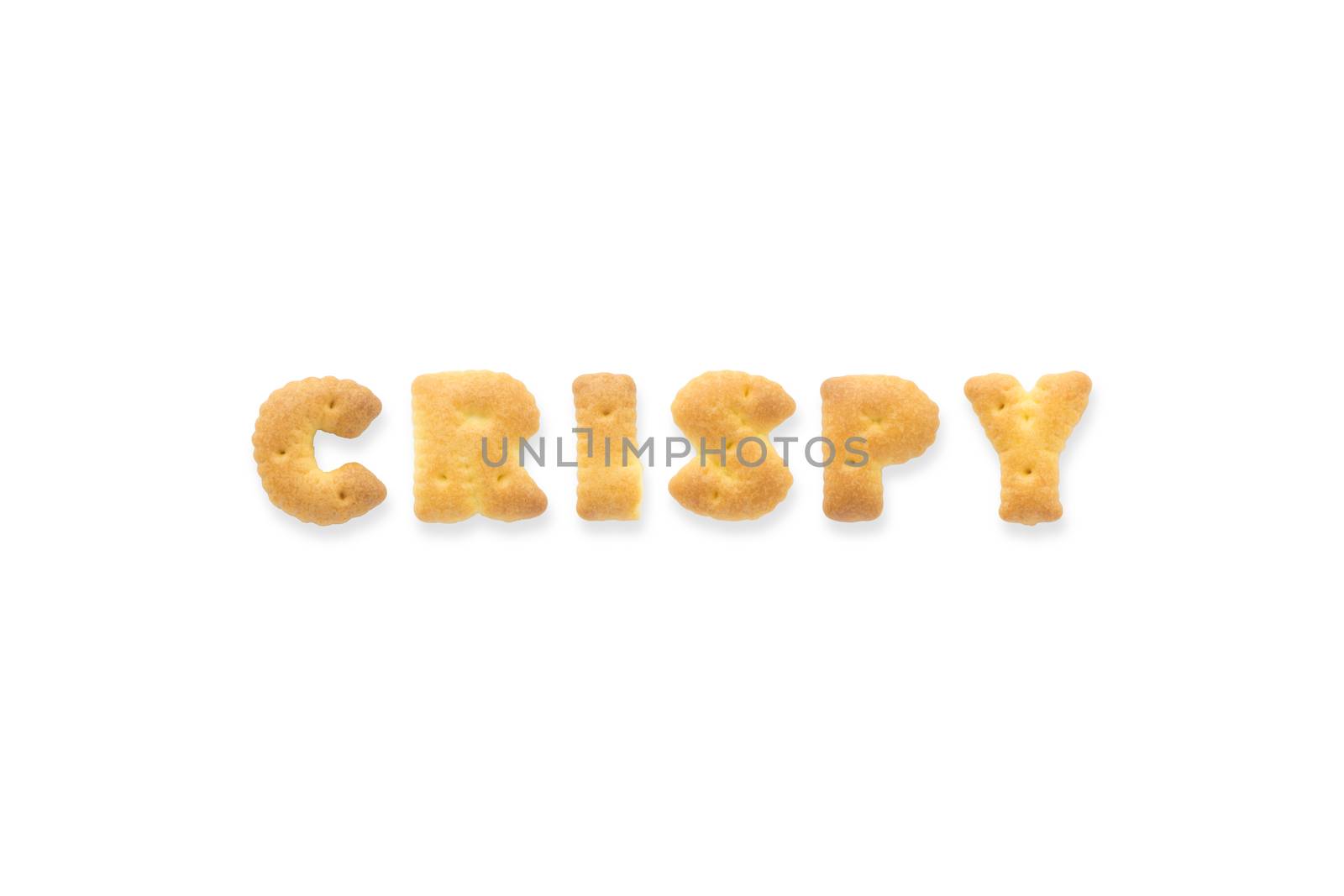Collage of the uppercase letter-word CRISPY. Alphabet cookie biscuits isolated on white background