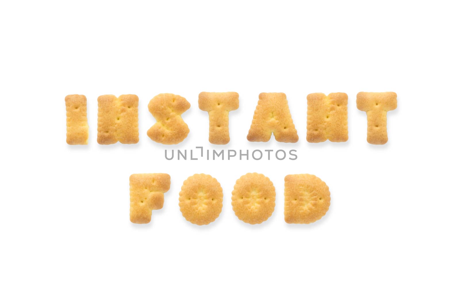 Collage of the capital letters word INSTANT FOOD. Alphabet cookie biscuits isolated on white background