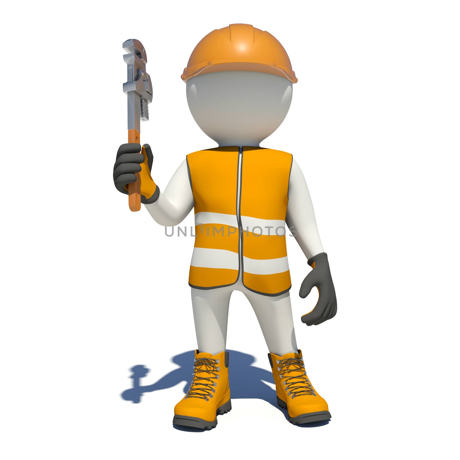 White man in special clothes with adjustable spanner in hand. Isolated on white background