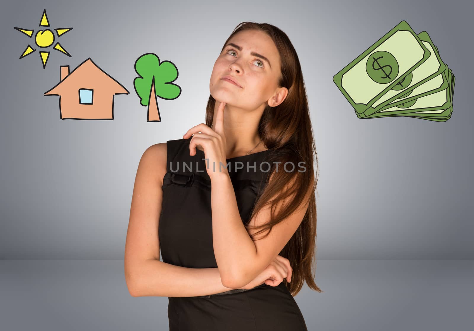 Beautiful business woman thinking over money and house with tree by cherezoff