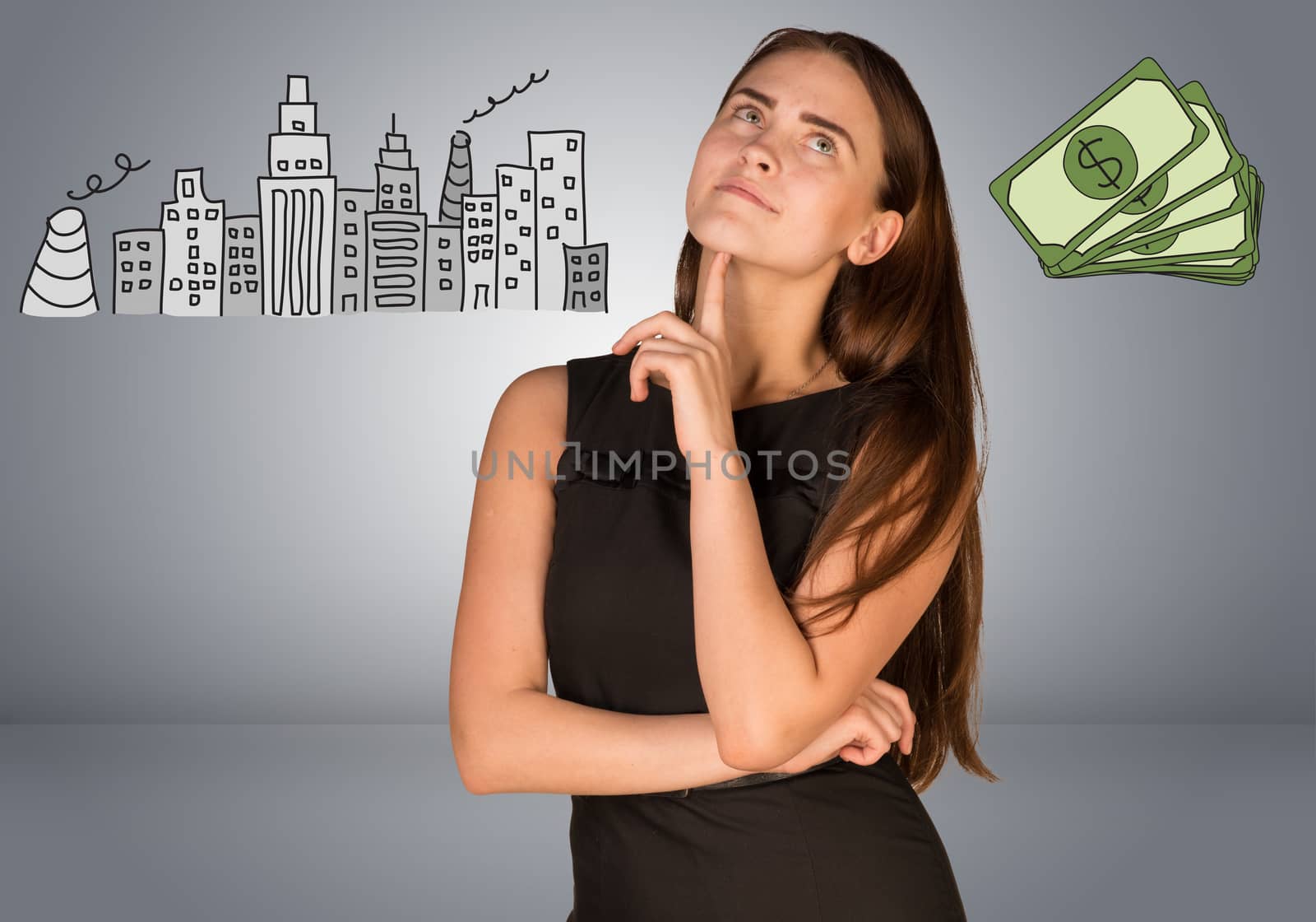 Beautiful business woman thinking over money and buildings. Gray gradient background