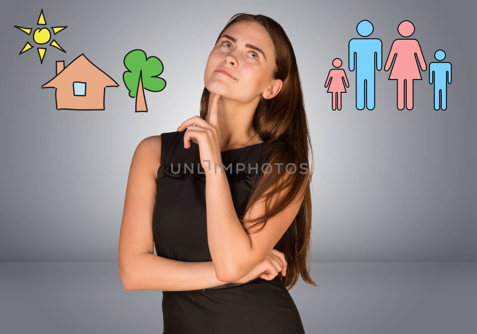 Beautiful business woman thinking over family and house with tree by cherezoff