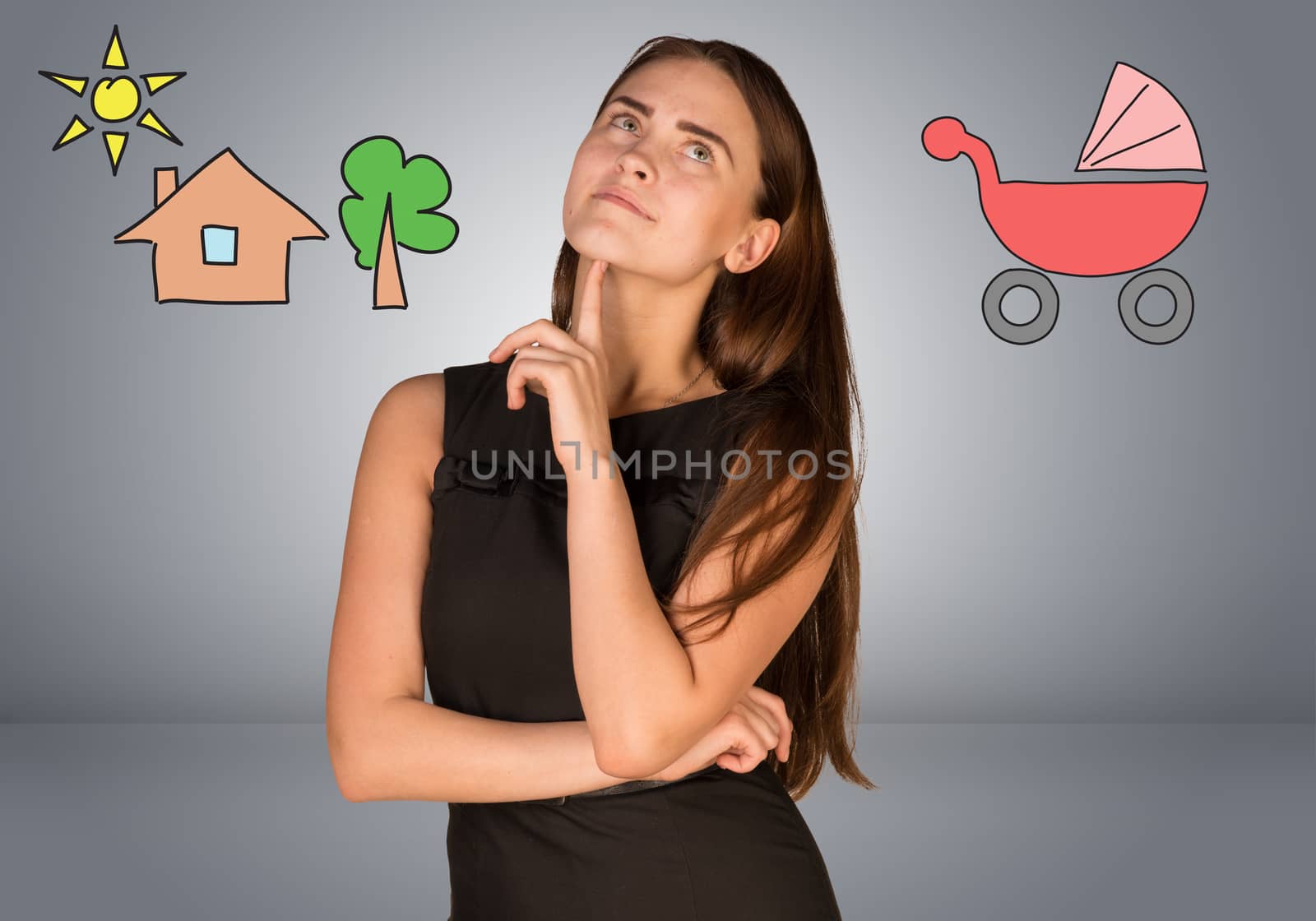 Business woman thinking over buggy and house with tree. Gray gradient background