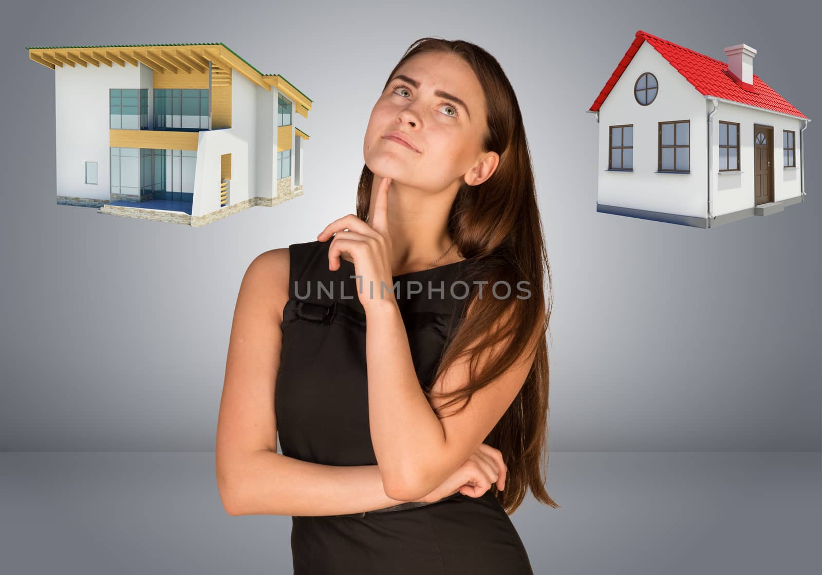 Business woman thinking over house and cottage. Gray gradient background