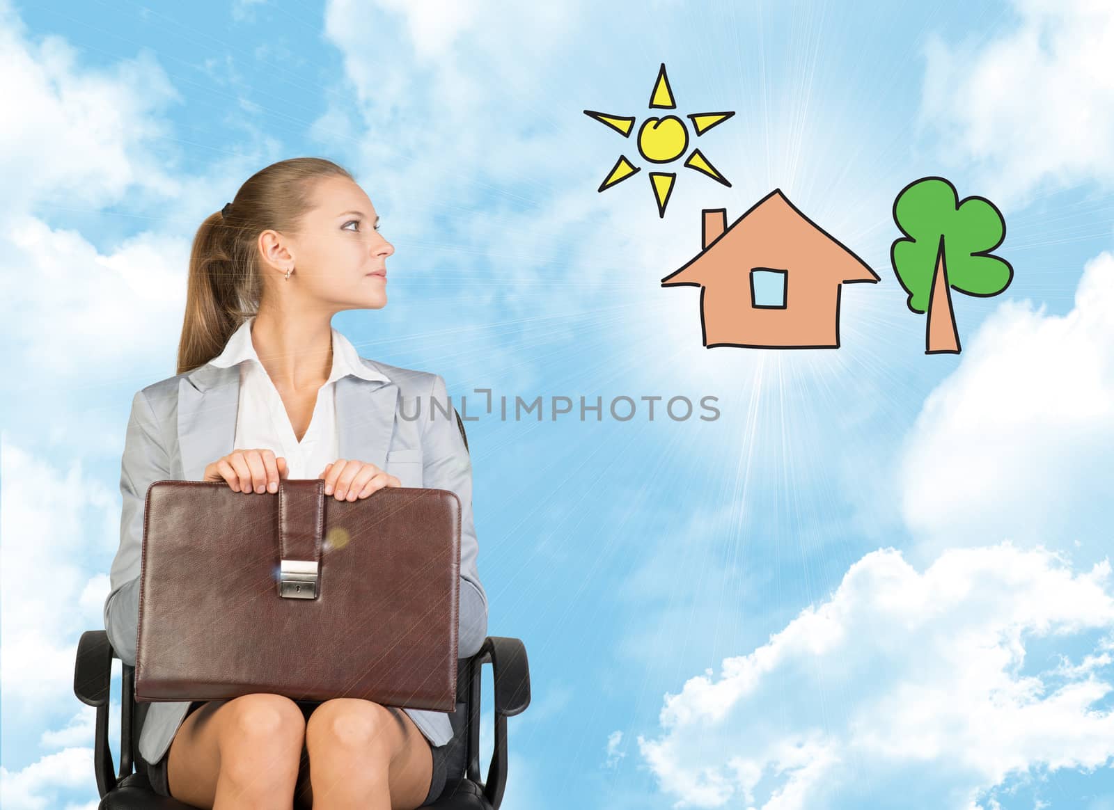 Business woman in skirt, blouse and jacket, sitting on chair imagines house with tree. Against background of blue sky, clouds by cherezoff