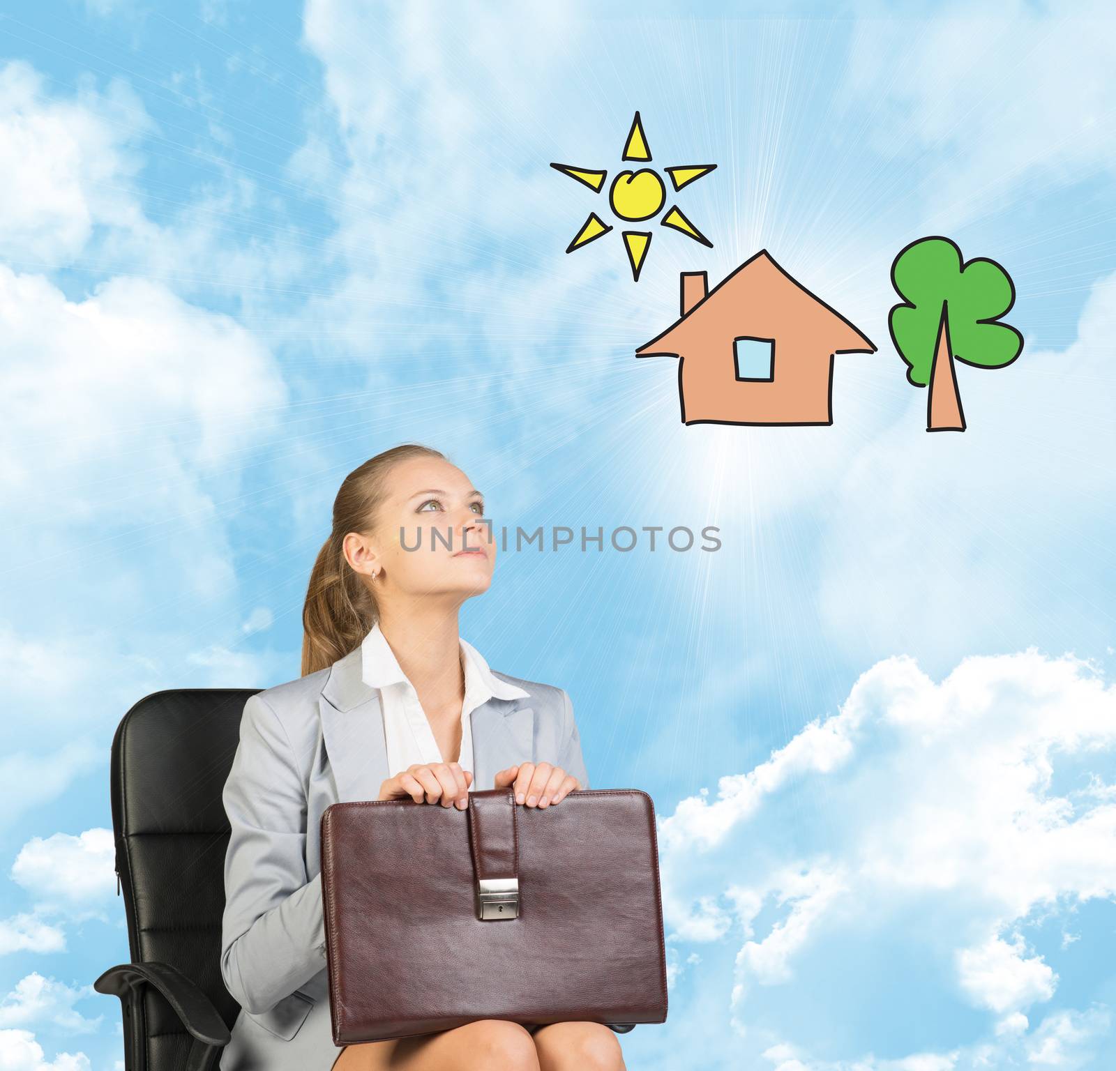 Business woman in skirt, blouse and jacket, sitting on chair, holding briefcase imagines house with tree. Against background of blue sky, clouds by cherezoff