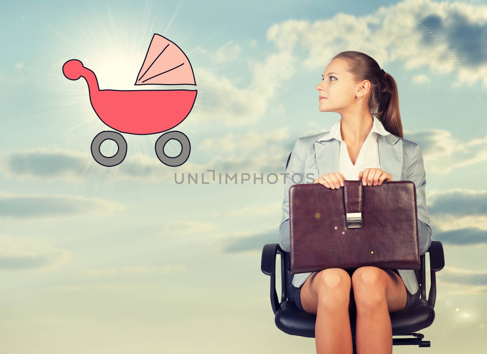 Business woman in skirt, blouse and jacket, sitting on chair and holding briefcase imagines buggy. Against background of sky and clouds