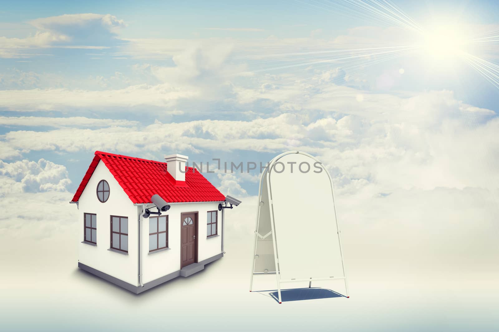 White house with red roof, chimney, sidewalk sign and outward chambers in clouds. Background sun shines brightly by cherezoff