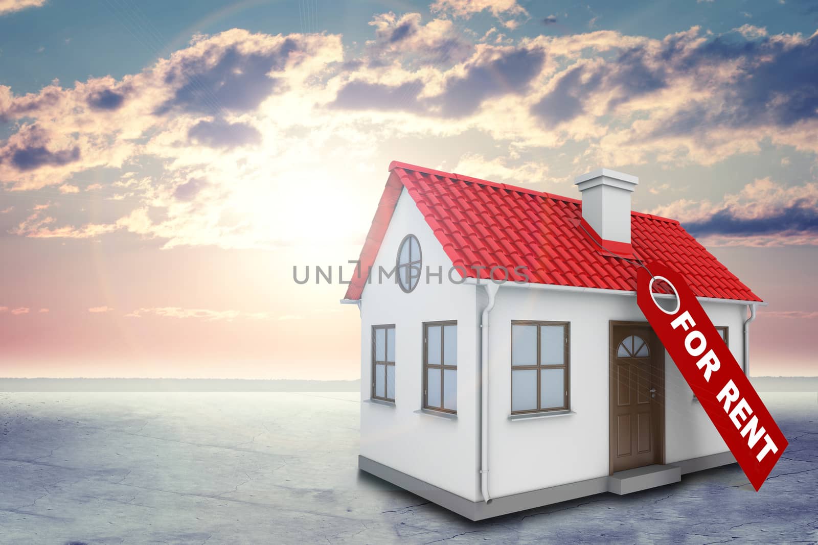 White house with label for rent, red roof and chimney. Background sun shines brightly, clouds by cherezoff