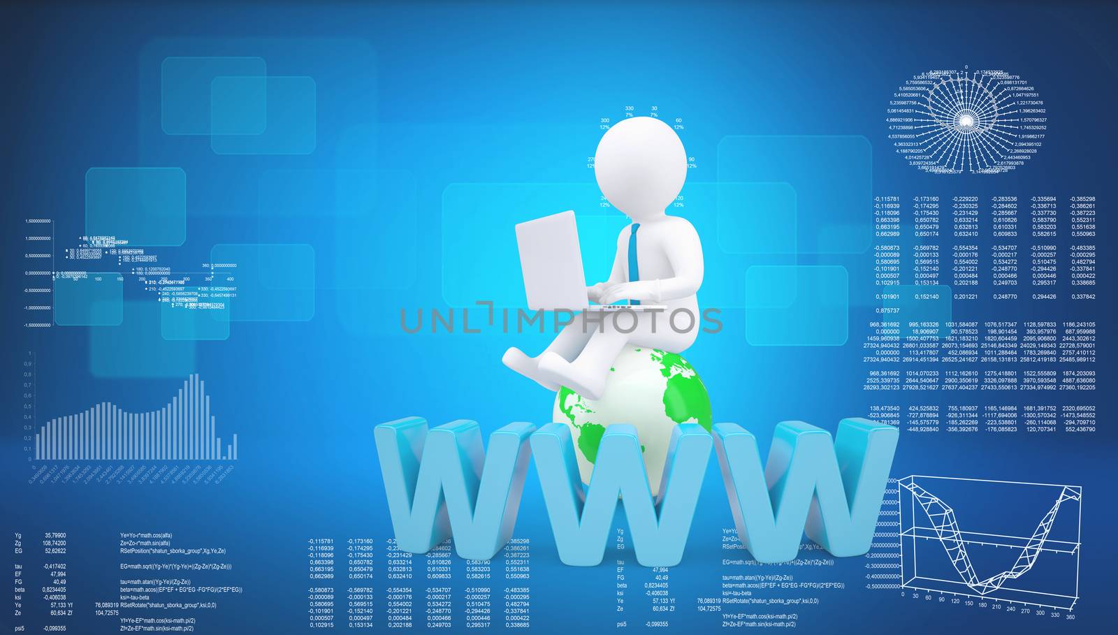 Graphic man with tie sitting on globe. Background of letters www and virtual screens, blue background