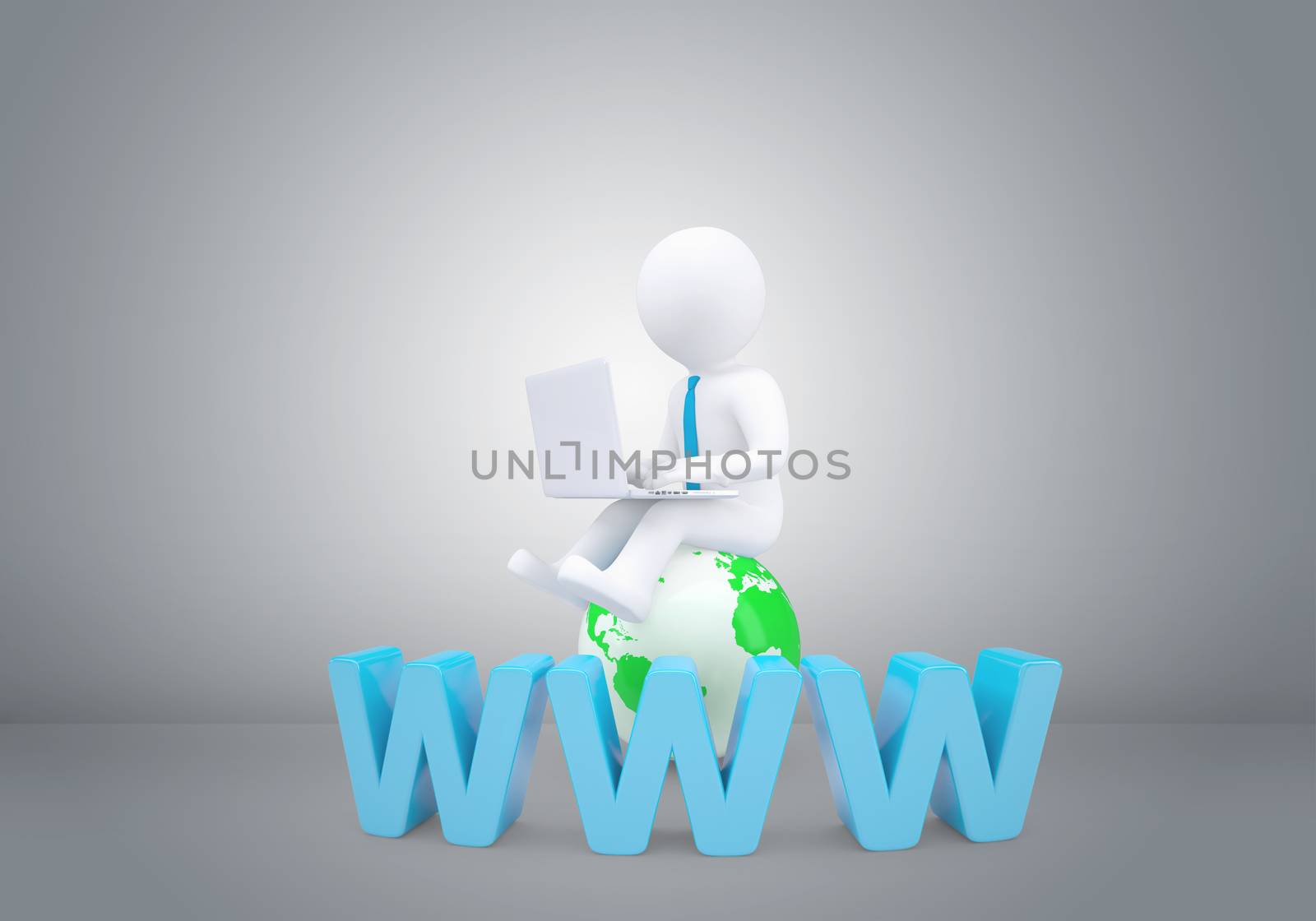Graphic man with tie sitting on globe. Background of letters www and gray wall