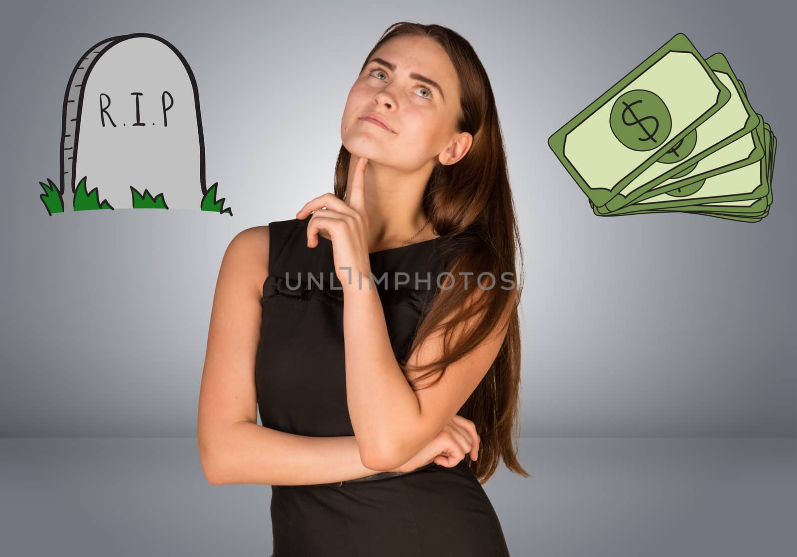 Beautiful business woman thinking over money and RIP. Gray gradient background