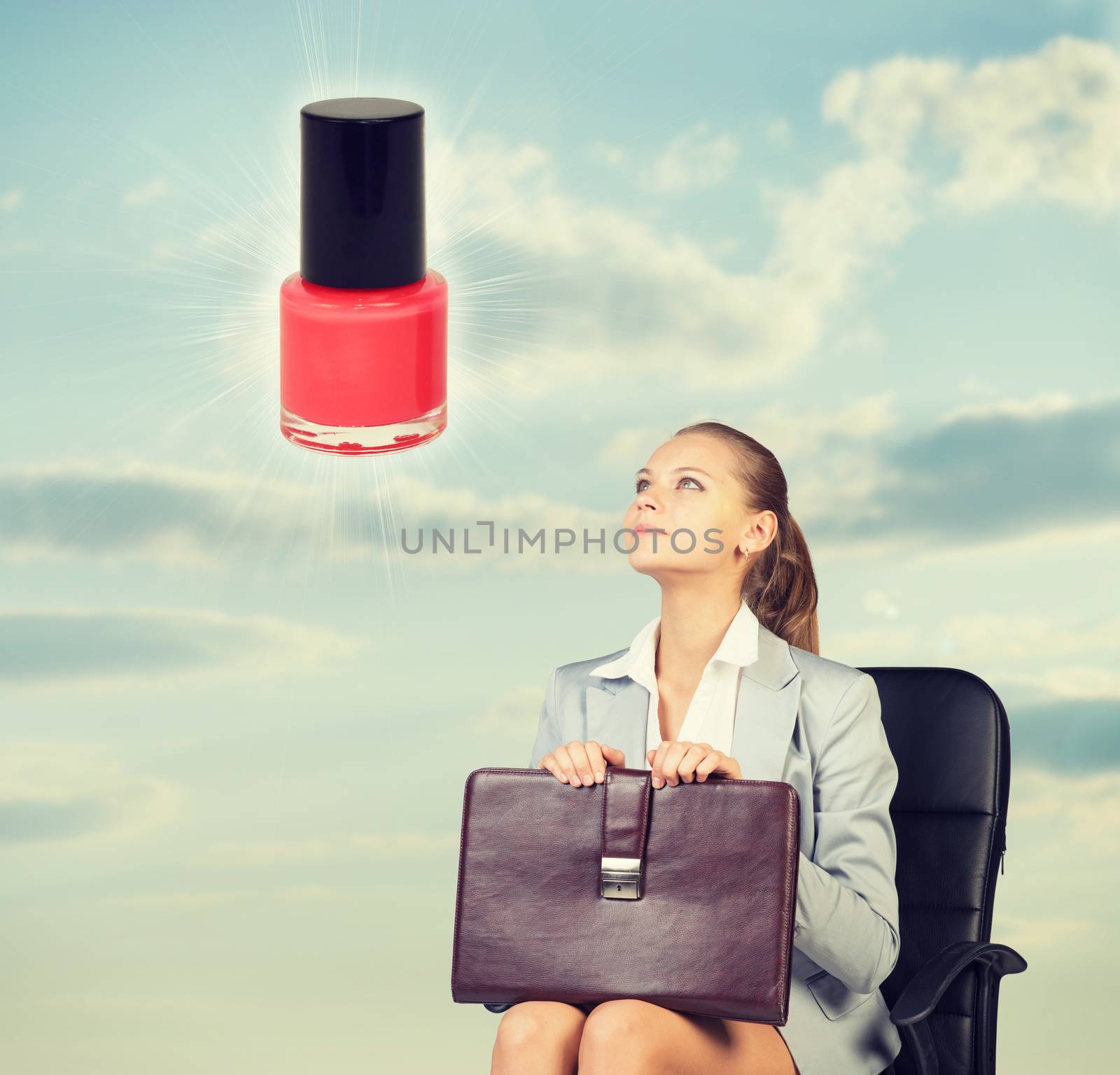 Business woman in skirt, blouse and jacket, sitting on chair imagines nail polish. Against background of sky and clouds