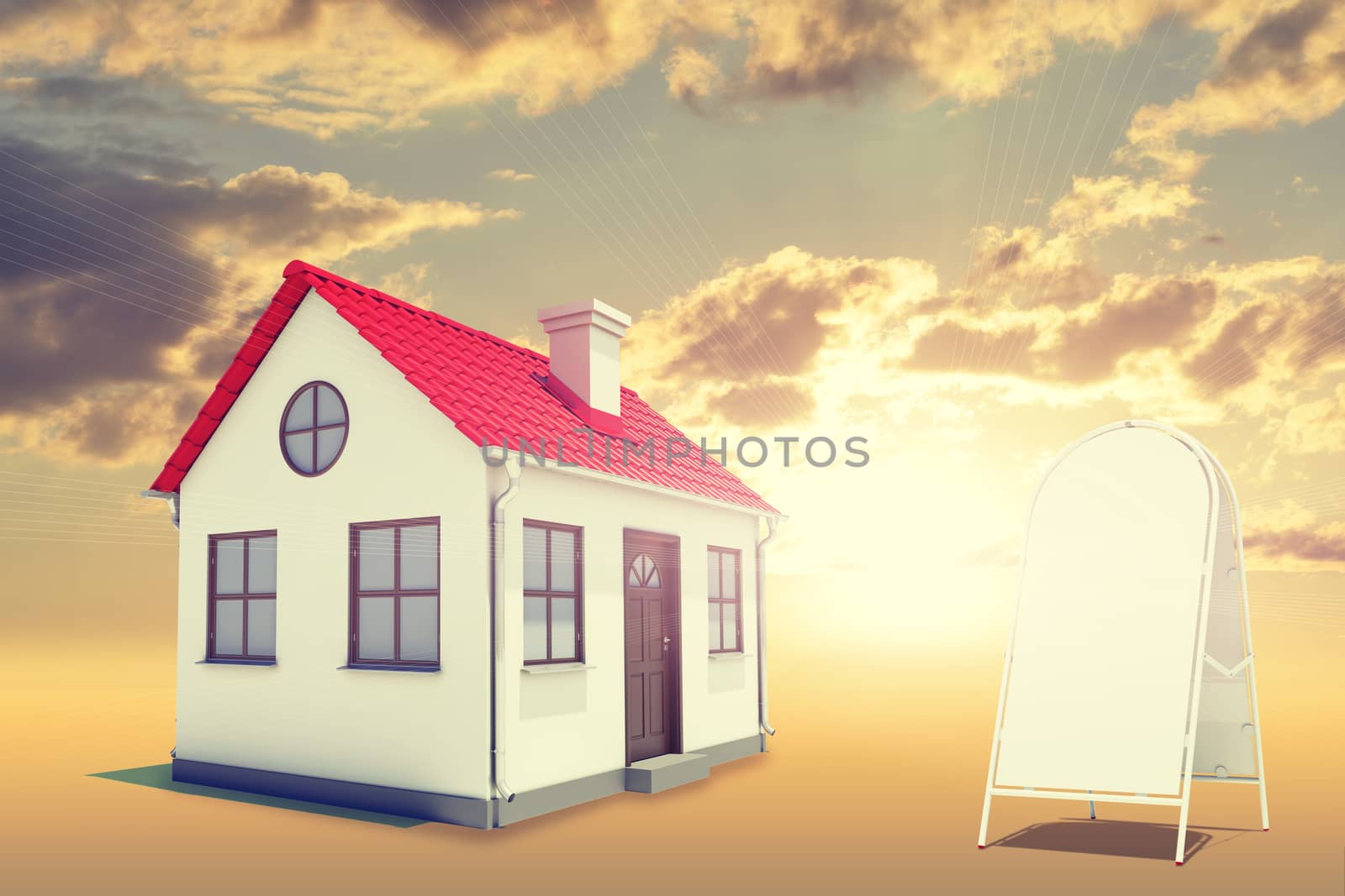 White house among clouds with red roof, brown door and chimney. Near with house sidewalk sign. Background sunset