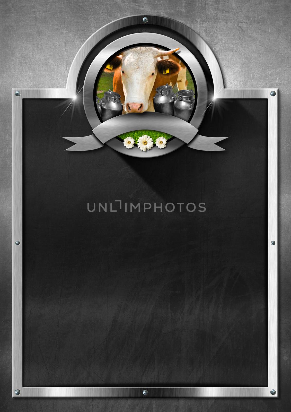 Empty blackboard with frame and symbol with head of cow, cans for the transport of milk, green grass and daisy flowers. Template for a dairy products
