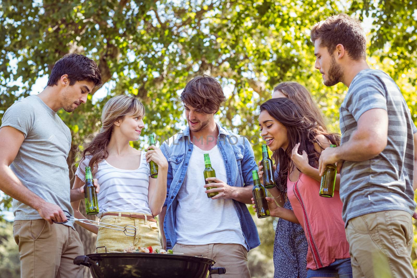 Happy friends in the park having barbecue on a sunny day