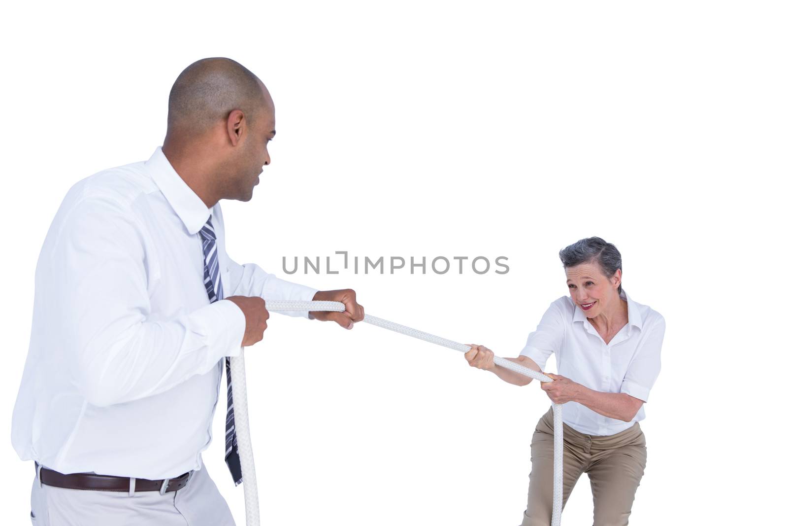 Business people pulling the rope on white background