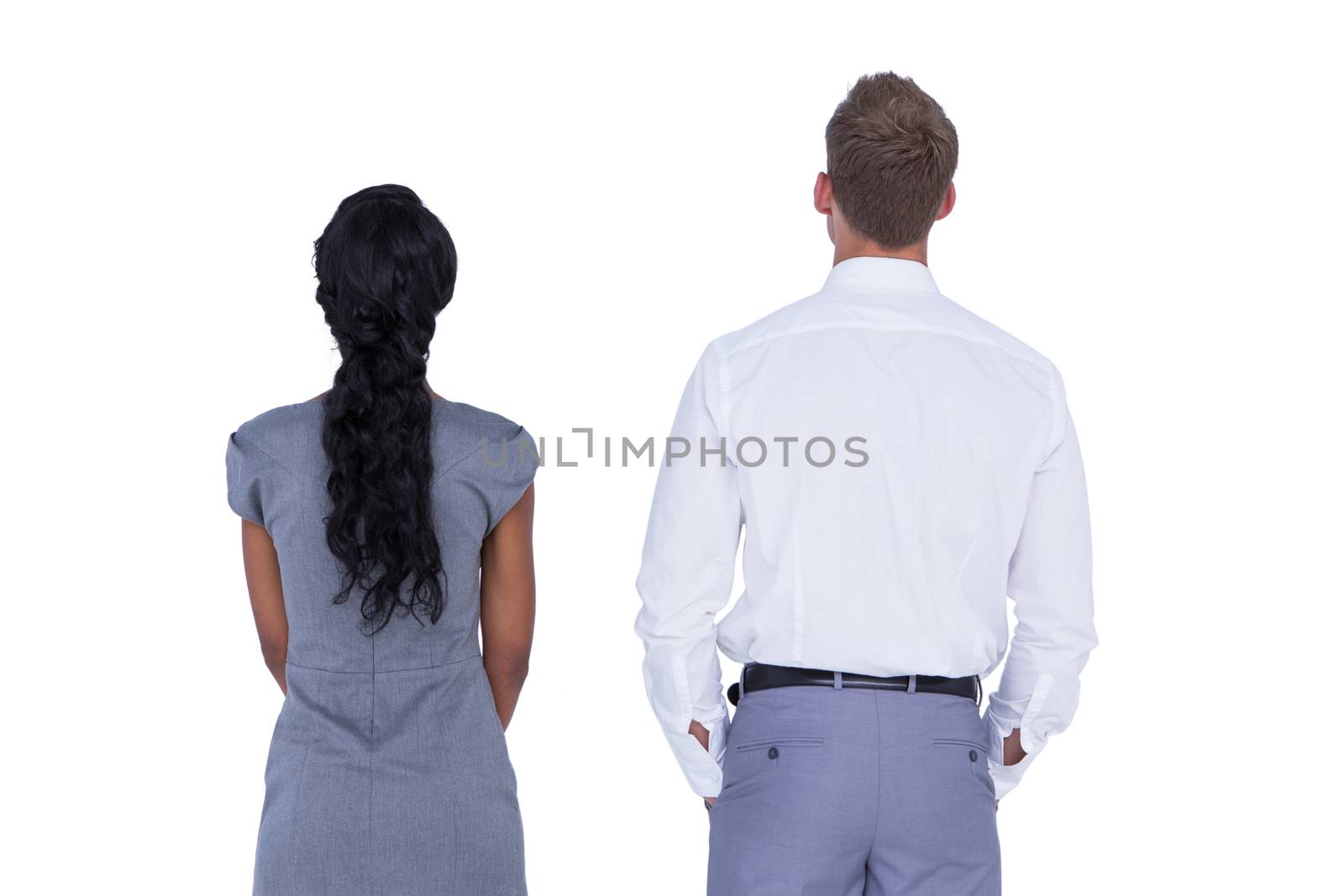 Wear view of business people on white background 