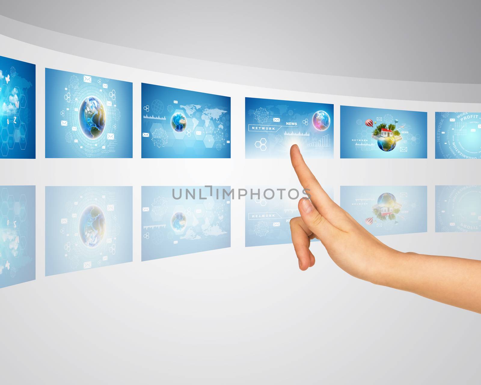 Theme of map of world and earth globe. Finger presses one of virtual screens. Mirror reflection