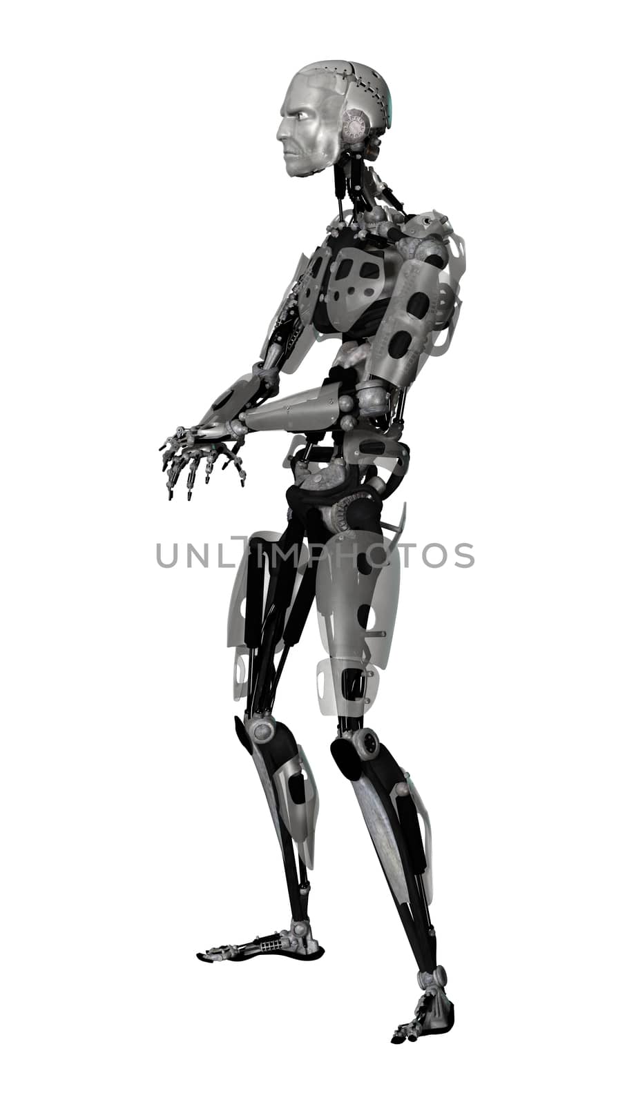 3D digital render of a male cyborg isolated on white background