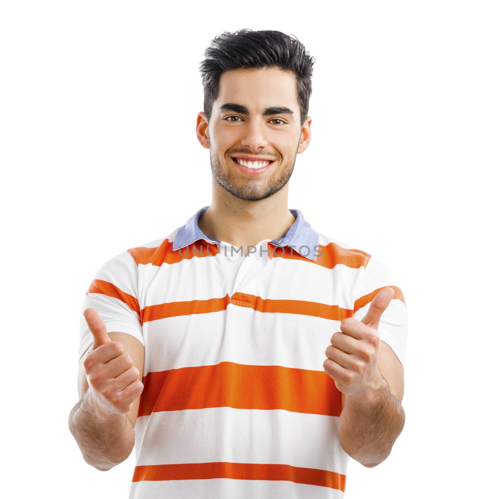 Portrait of happy handsome young man with arms up,  isolated on white background