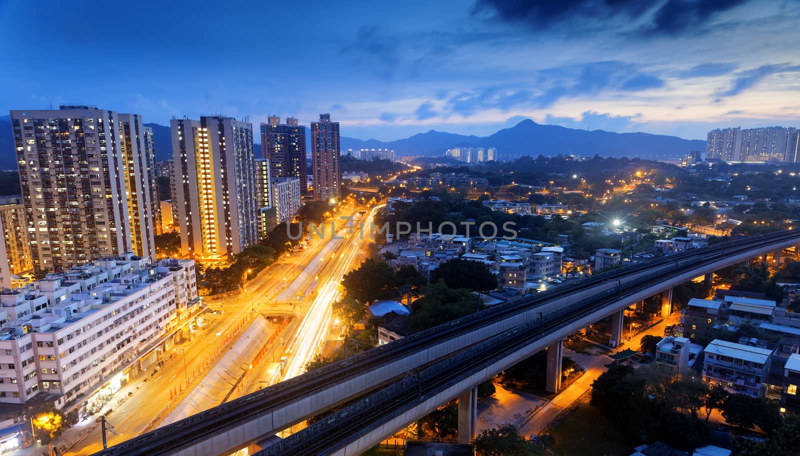 Long Ping, hong kong urban downtown and high speed train at night